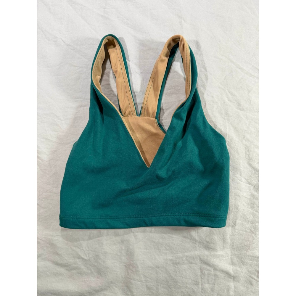 Womens Teal Green V-Neck Sports Bra Tan Contrast Lining Size Medium D-457
